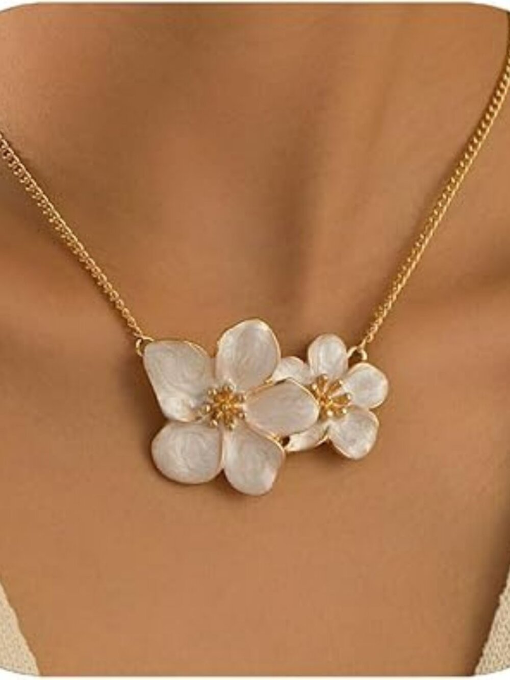 NEW Flower Necklace Floral Double Pendant Flower Statement Choker Gold Tone